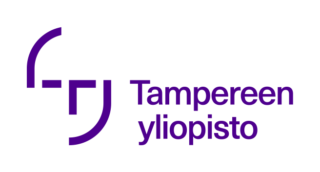 Tampereen yliopsto teksti violetilla ja kasvojen hahmotelma.